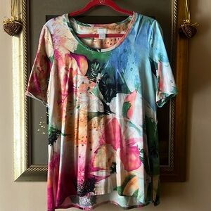 Chico’s Colorful Floral Tee Tunic Short Sleeves Round Neck 1 (Medium)